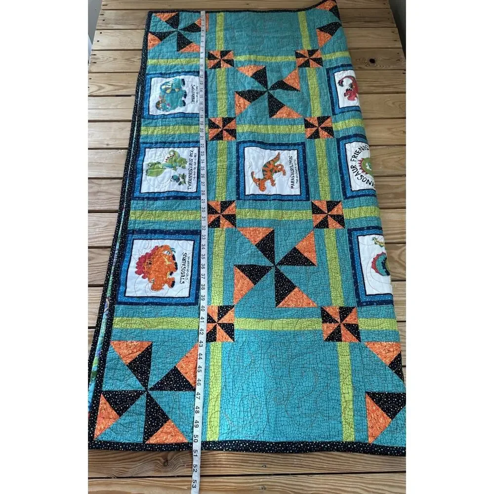 Handmade Patchwork Dinosaur quilt size 51x50 Green orange L2